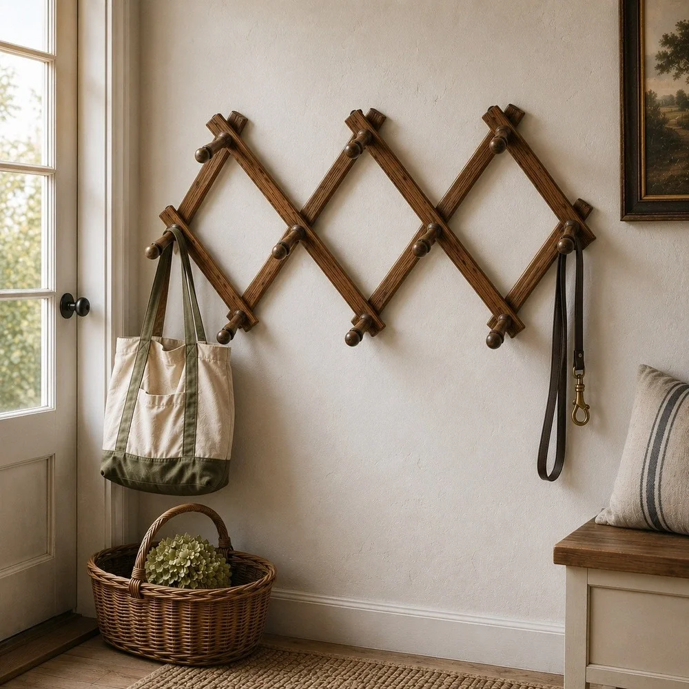 Vintage Wooden Accordion Wall Rack Expandable Peg Entryway Coat Hooks Solid Oak